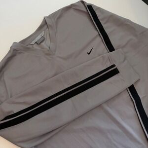Nike Mens XL Grey V-Neck Long Sleeve Training Shirt Black Stripe Mesh Pullover